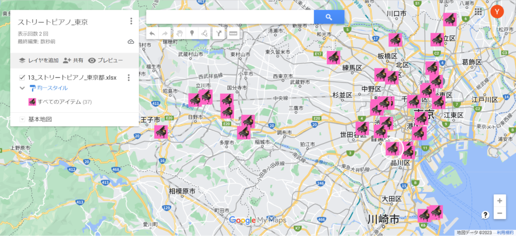 東京都のストリートピアノ設置図